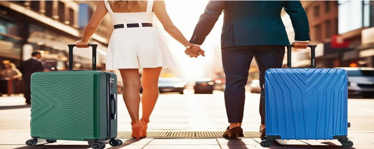 Couple carrying a hard-shell suitcase while preparing for a trip