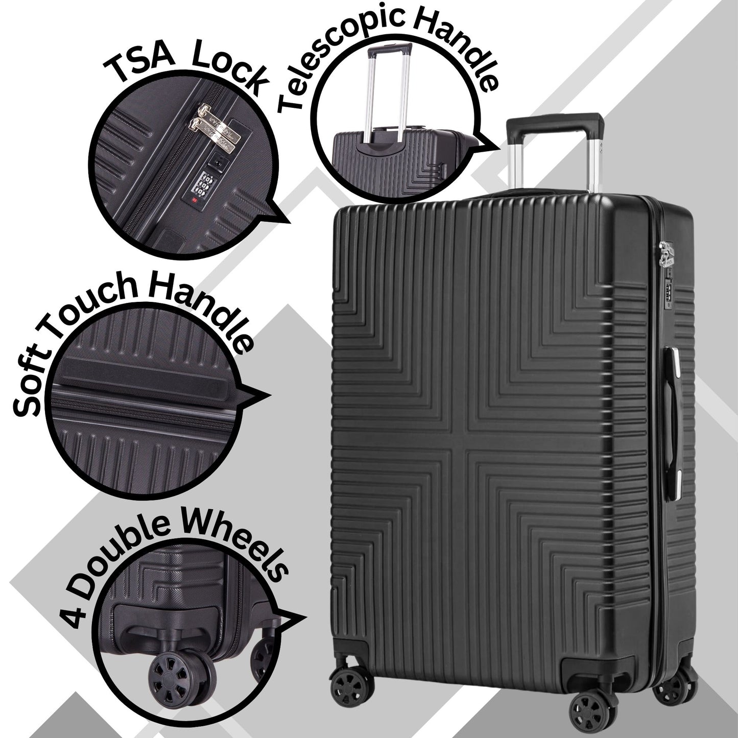 Niovx Medium Suitcase - Lightweight 4 Wheel Hard Shell Suitcase - ABS30 Black
