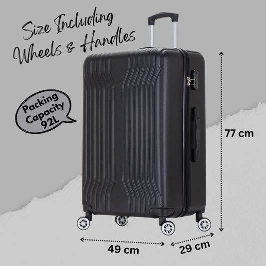 Black suitcase with dimensions and capacity details on a gray background