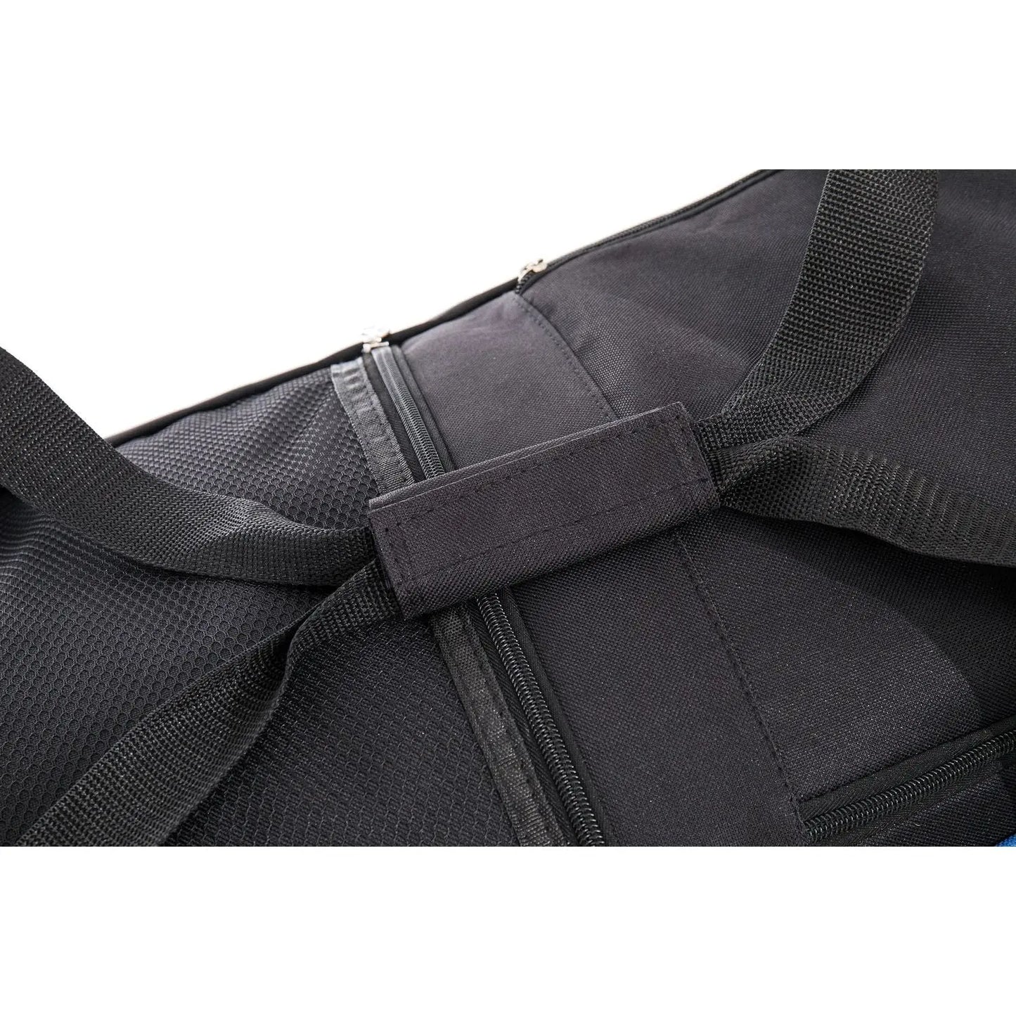 Close-up of a black guitar case with a strap on a white background