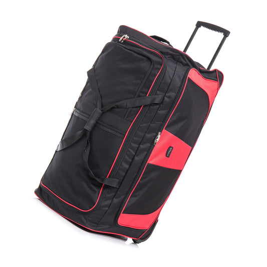 Black and red rolling duffel bag on a white background