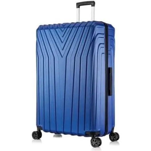 Blue suitcase with a textured surface on a white background