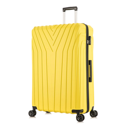 Yellow suitcase with a textured surface on a white background