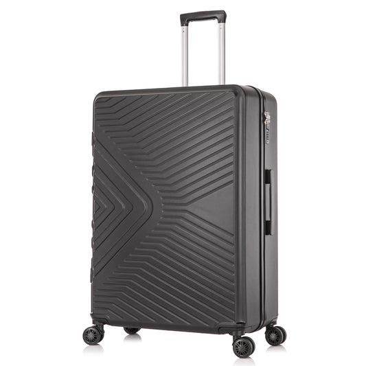 Black suitcase with a geometric pattern on a white background