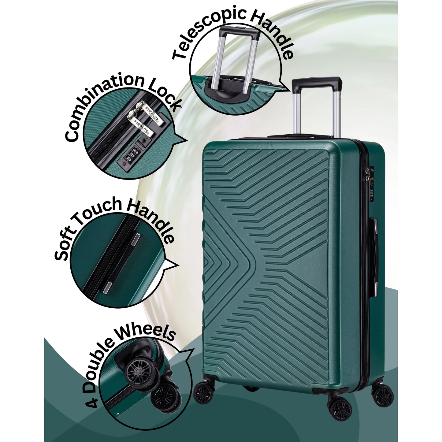 Green suitcase with features highlighted on a green background