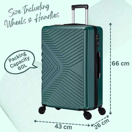 Green suitcase with dimensions and capacity details on a light green background