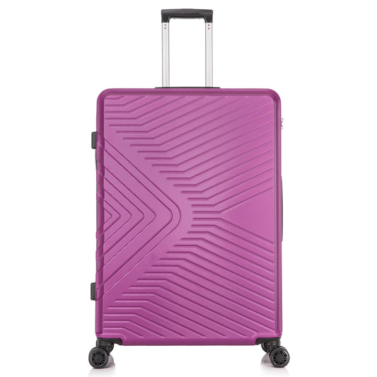 Purple suitcase with a geometric pattern on a white background