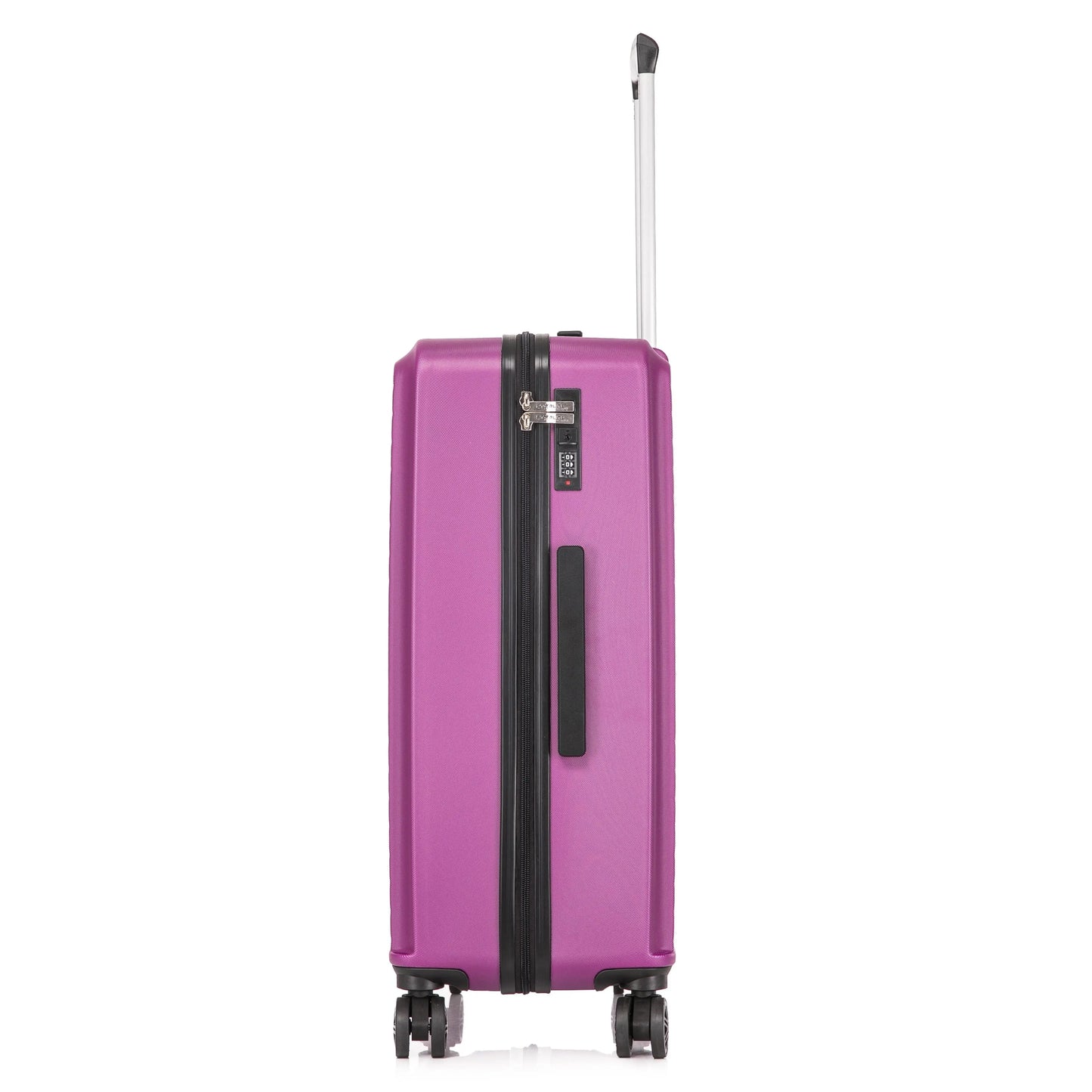 Purple suitcase with a black handle on a white background