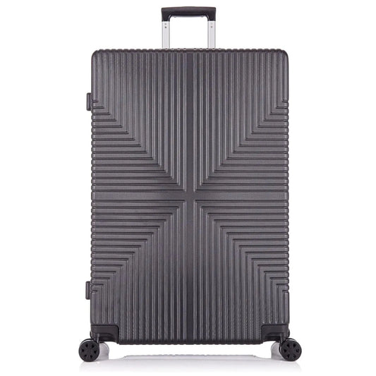 Black Hard shell suitcase with geometric pattern on a white background
