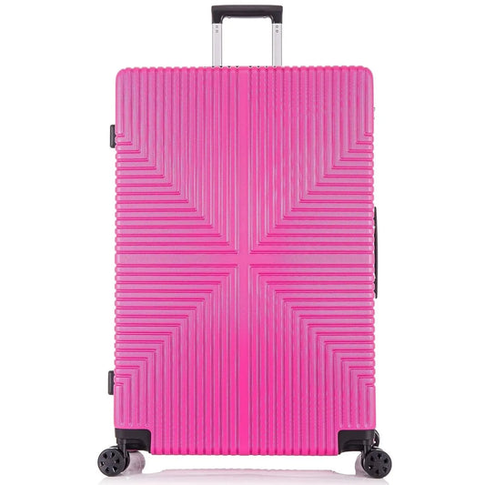 Pink Hard shell suitcase with geometric pattern on a white background