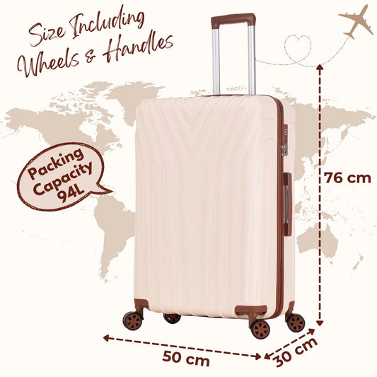 Beige suitcase with dimensions and packing capacity on a world map background ABS101