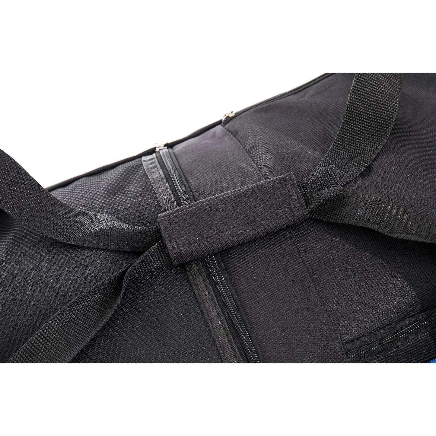 Black guitar case with a strap on a white background