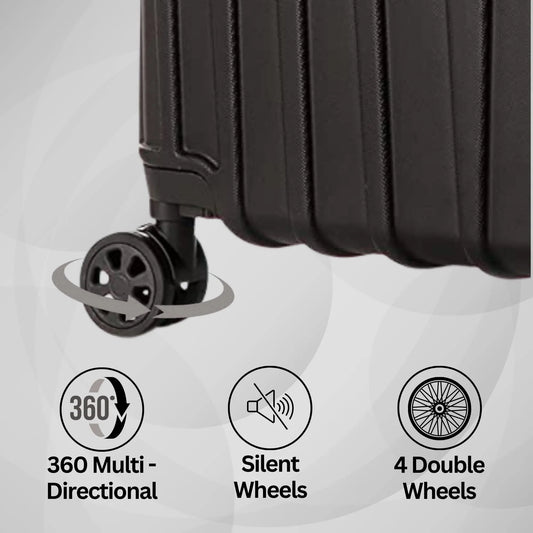 Black suitcase with 360 multi-directional wheels on a light gray background