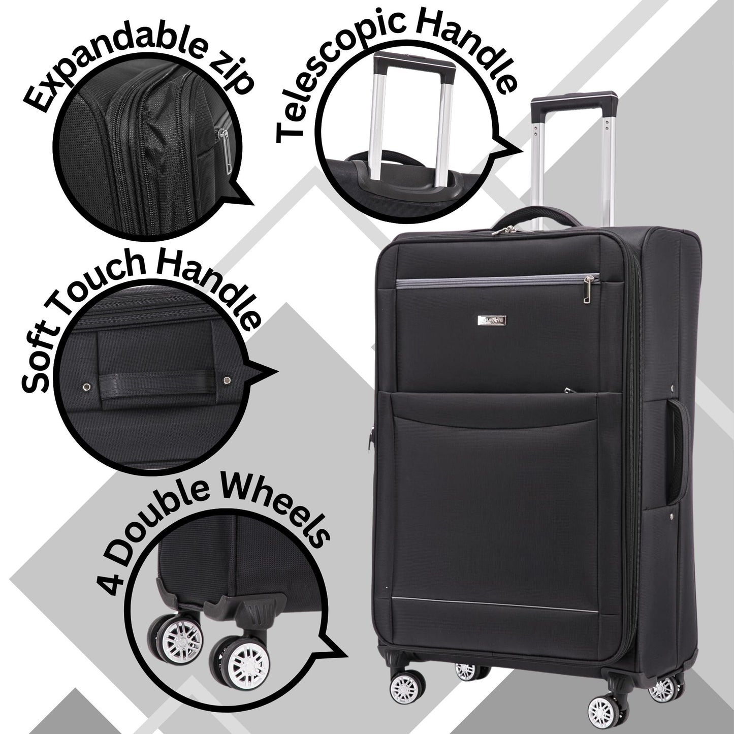 Black suitcase with features highlighted on a gray background
