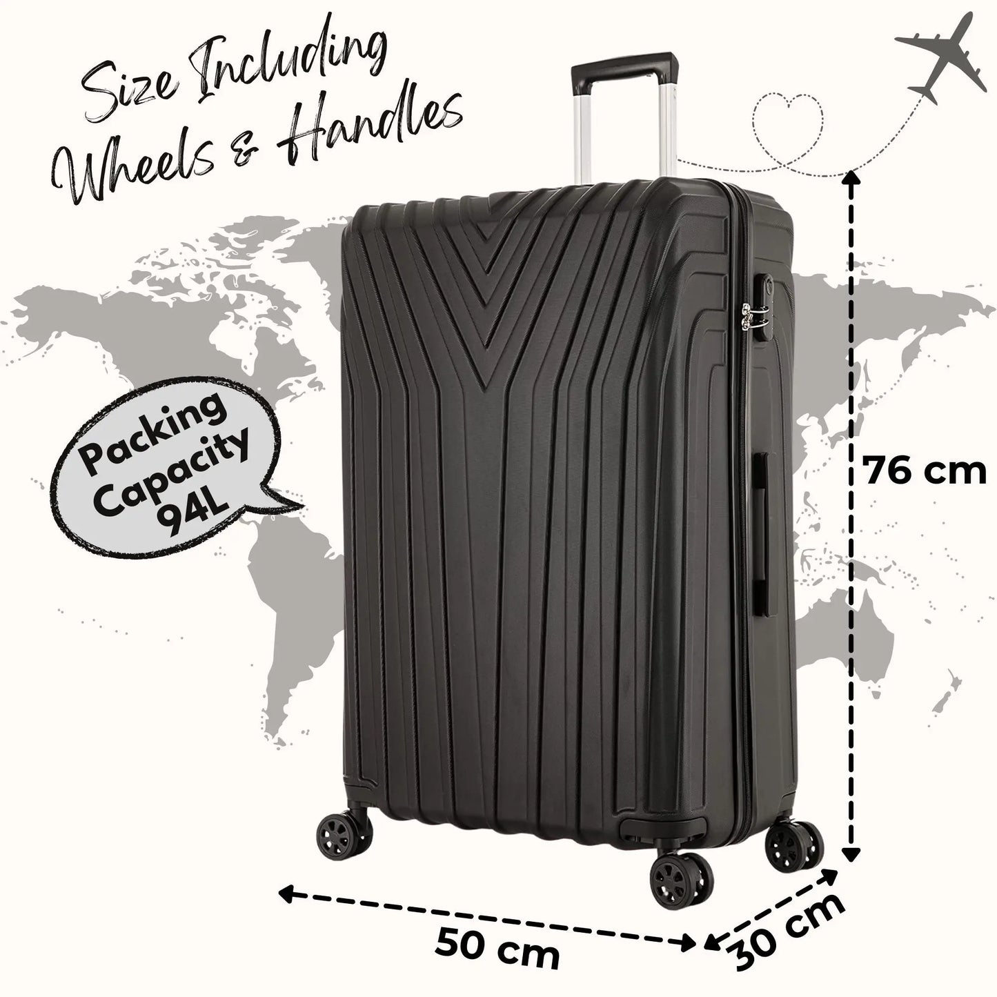 Black suitcase with measurements and packing capacity details on a world map background