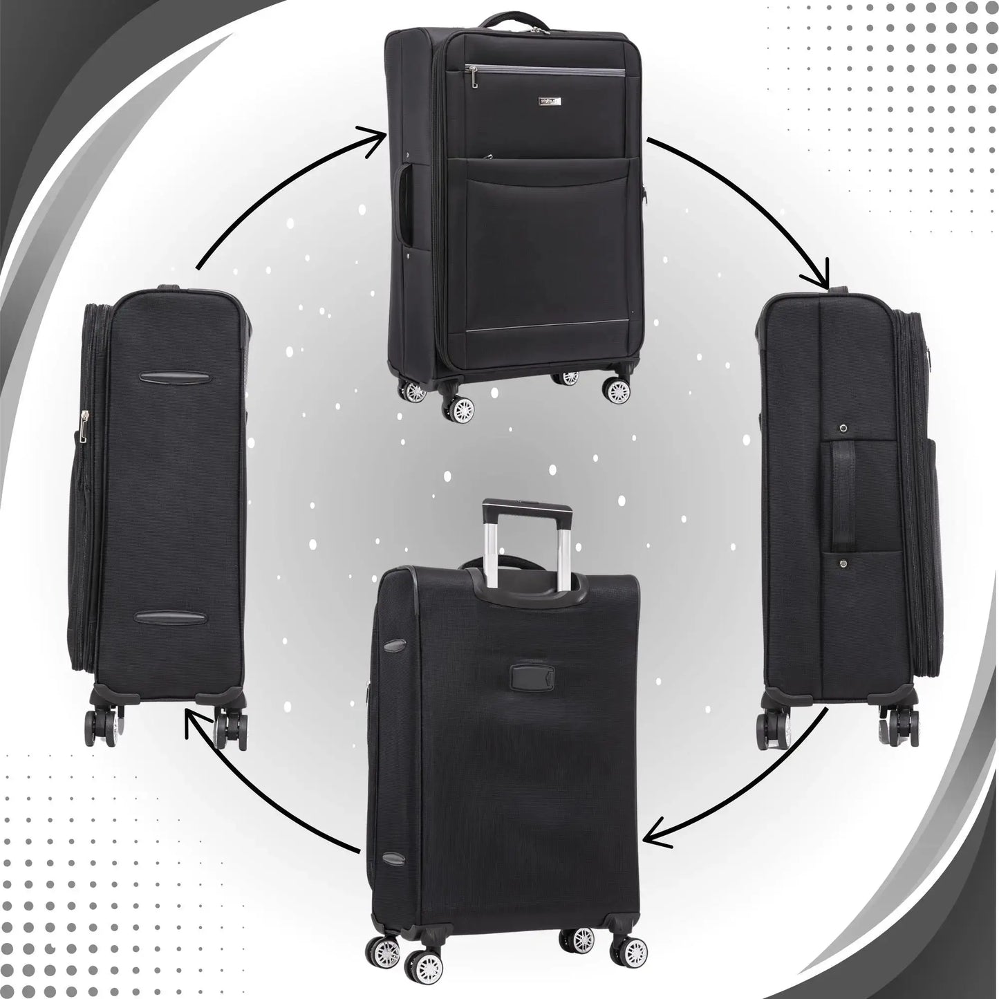 Black suitcases shown from multiple angles on a gray background