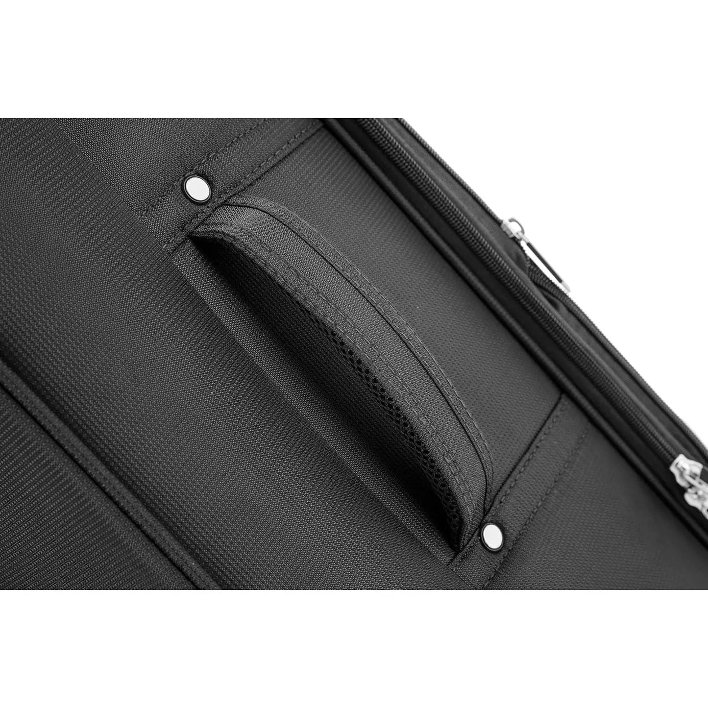 Close-up of a black suitcase with a zipper and handle on a white background