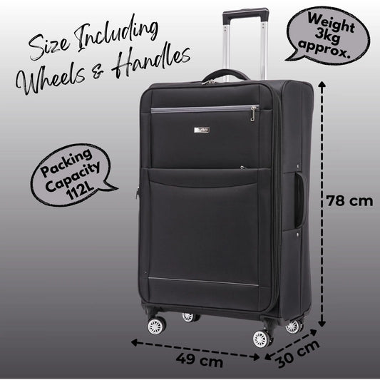 Large Black WLS suitcase with measurements and weight information on a gray background