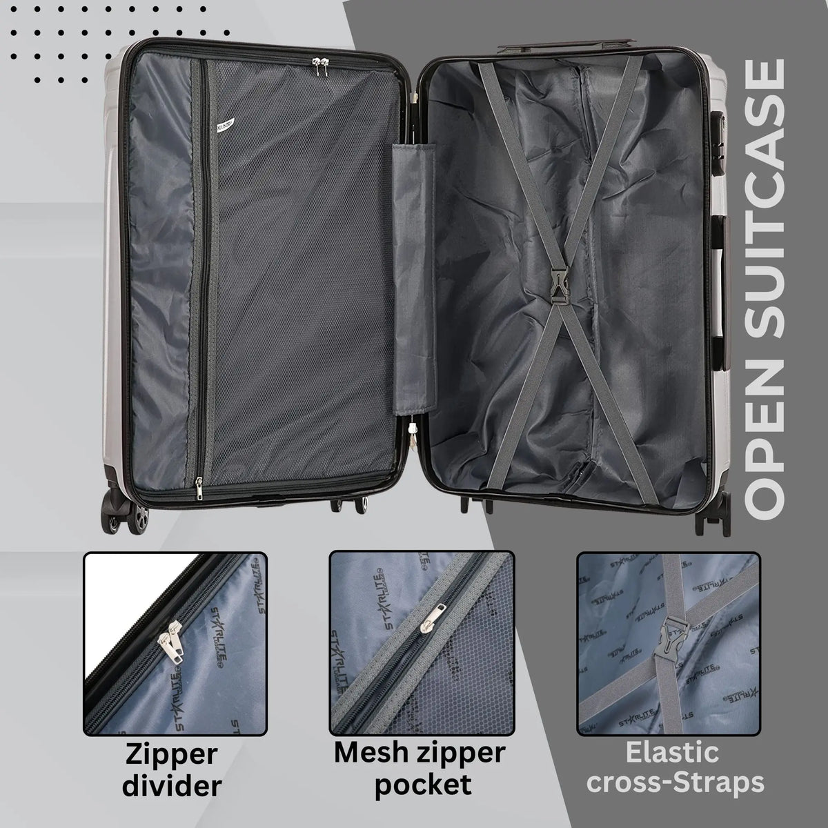 Open suitcase with details on zipper divider, mesh zipper pocket, and elastic cross-straps on a gray background.