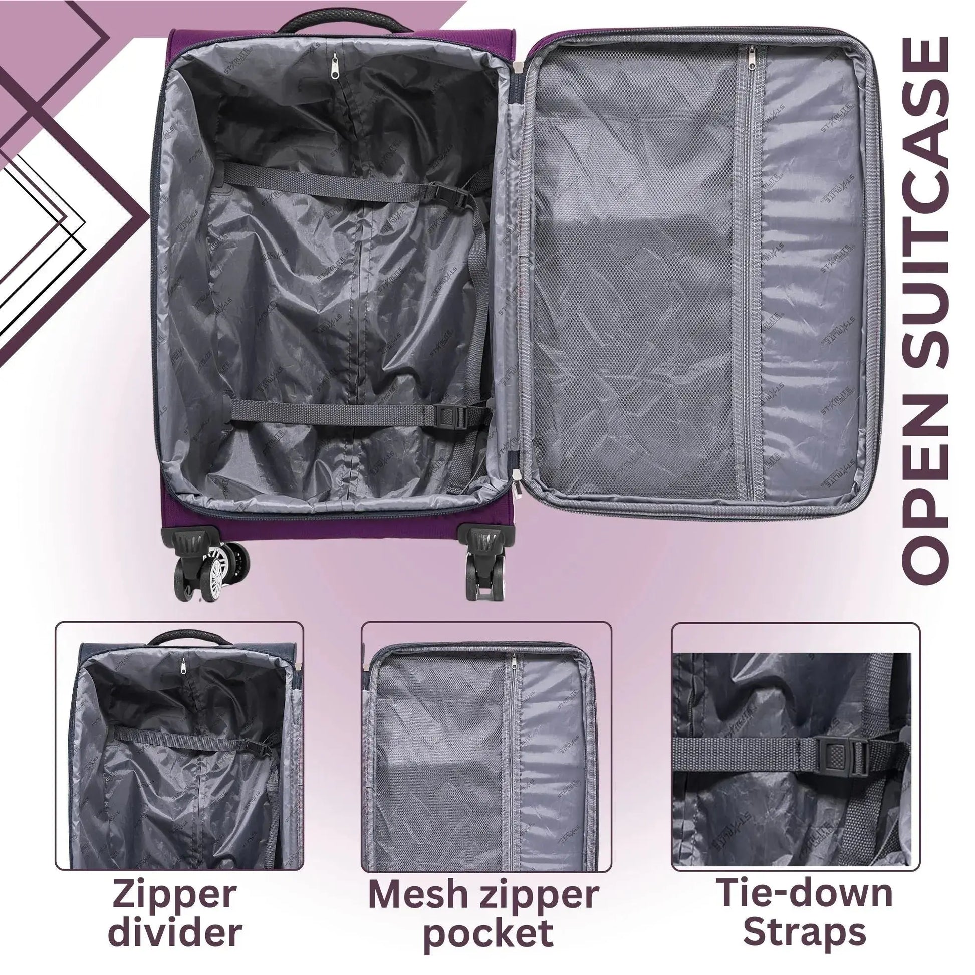 Open suitcase with features highlighted on a light purple background