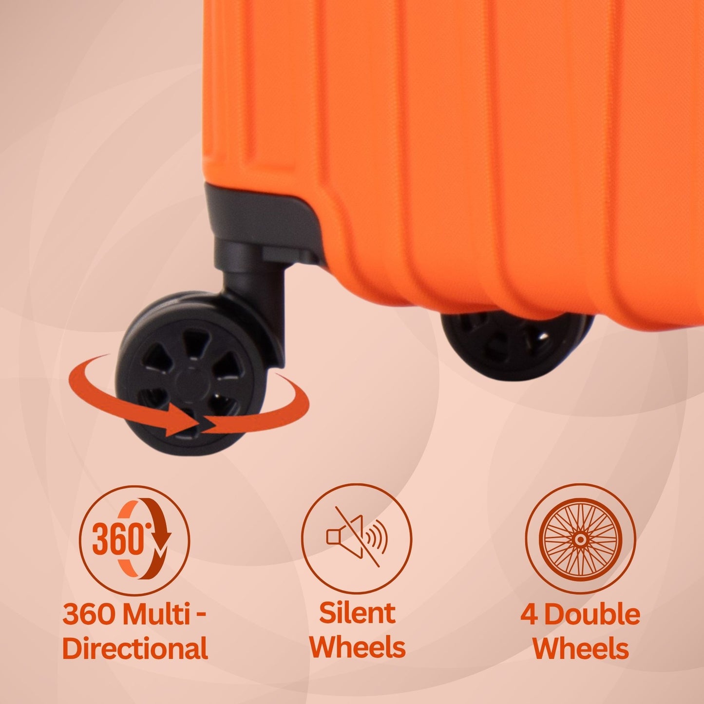 Orange suitcase with 360-degree wheels on a beige background