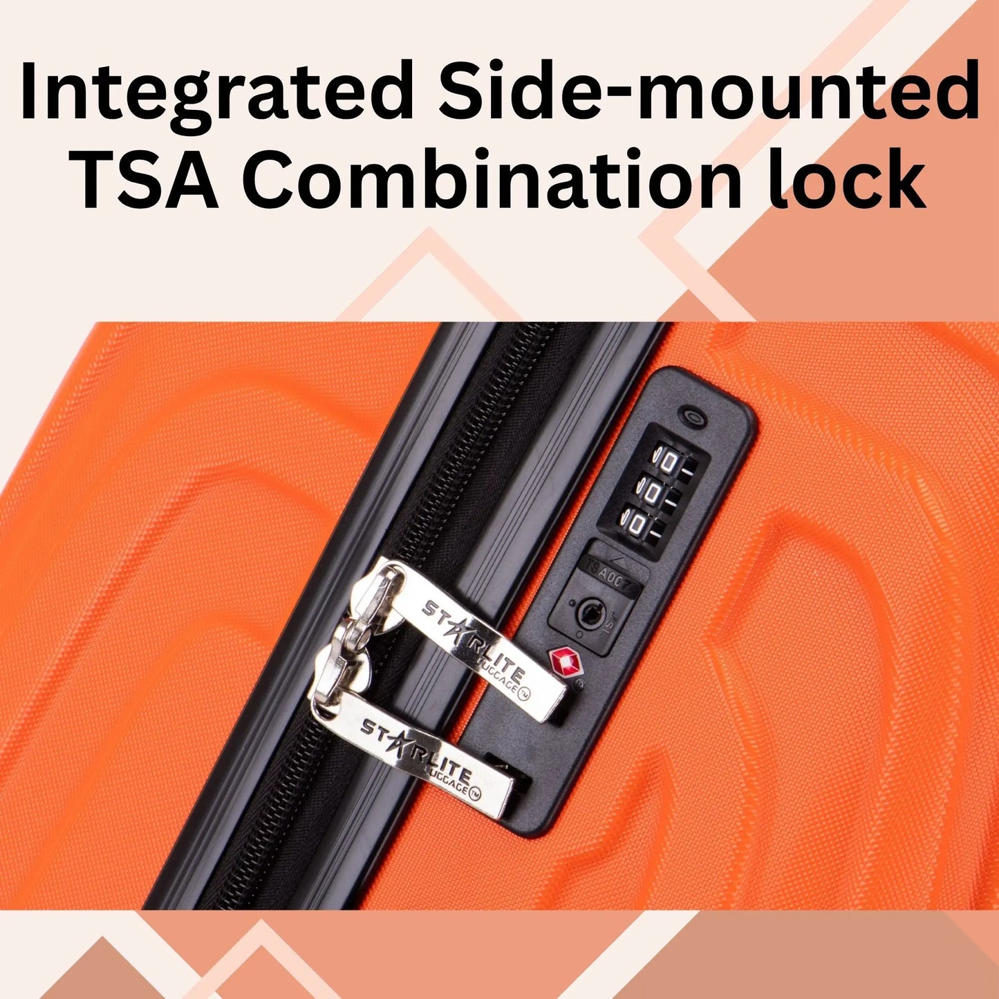 Orange suitcase with an integrated side-mounted TSA combination lock on a geometric patterned background.