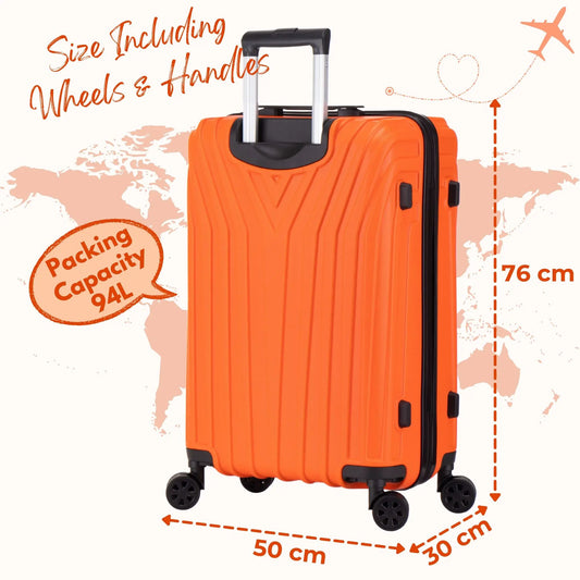 Orange suitcase with dimensions and packing capacity details on a world map background
