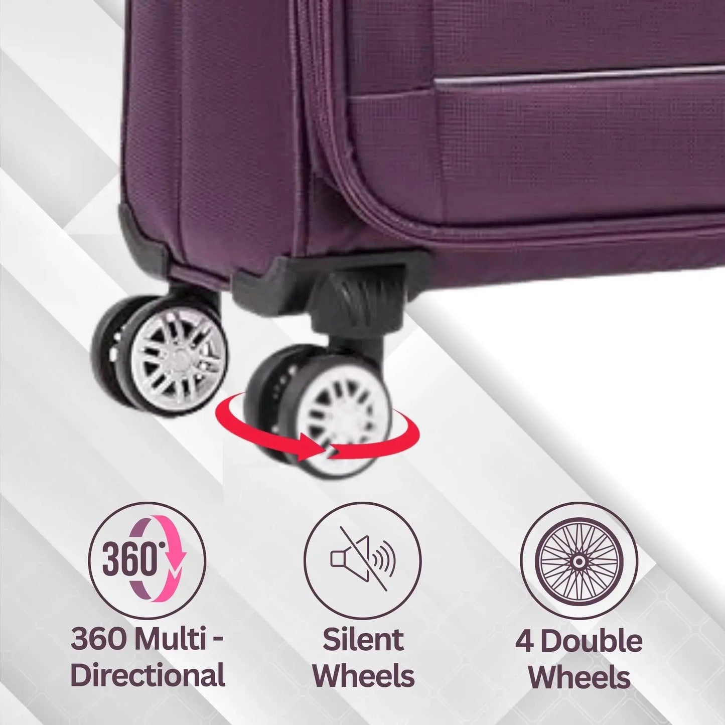 Purple suitcase with 360-degree wheels on a light gray background