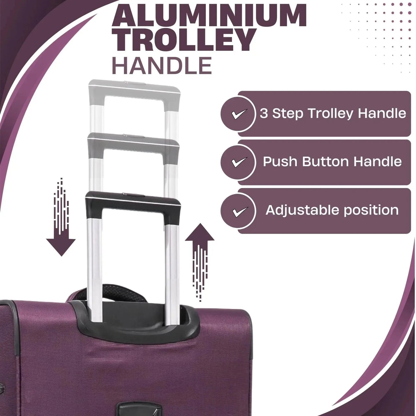 Purple suitcase with an aluminium trolley handle on a white background