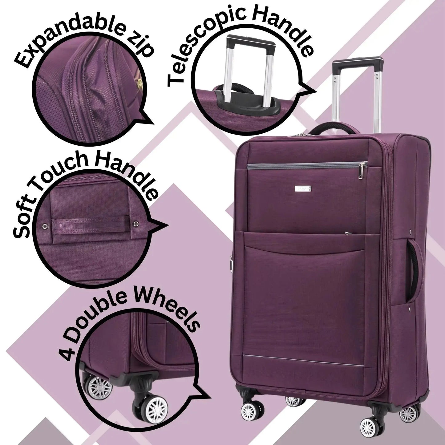 Purple suitcase with features highlighted on a light purple background