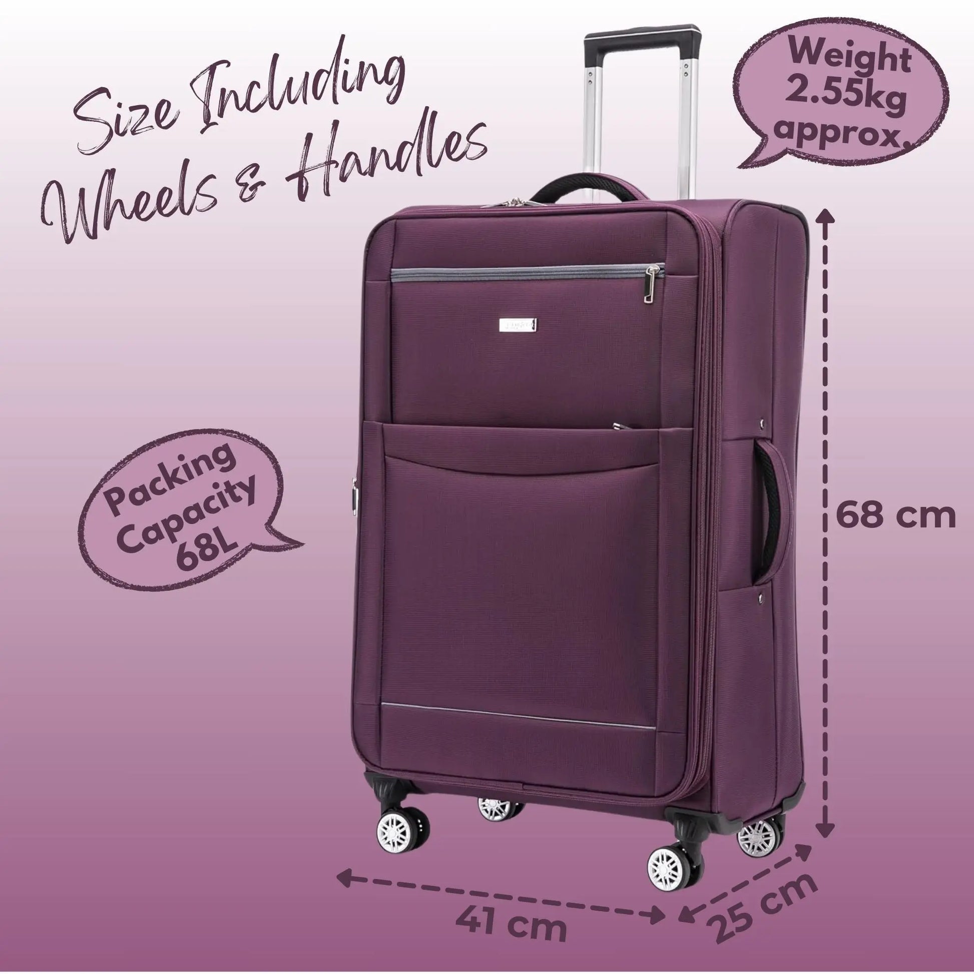 Purple suitcase with measurements and weight information on a purple background