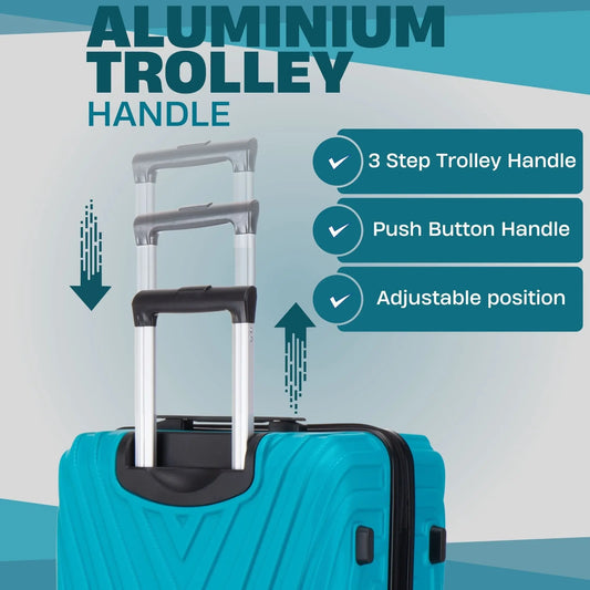 Teal suitcase with an adjustable aluminium trolley handle on a light blue background ABS101