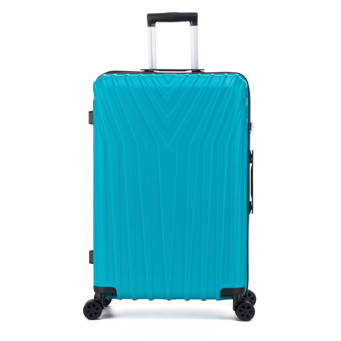 Turquoise suitcase with a textured surface on a white background