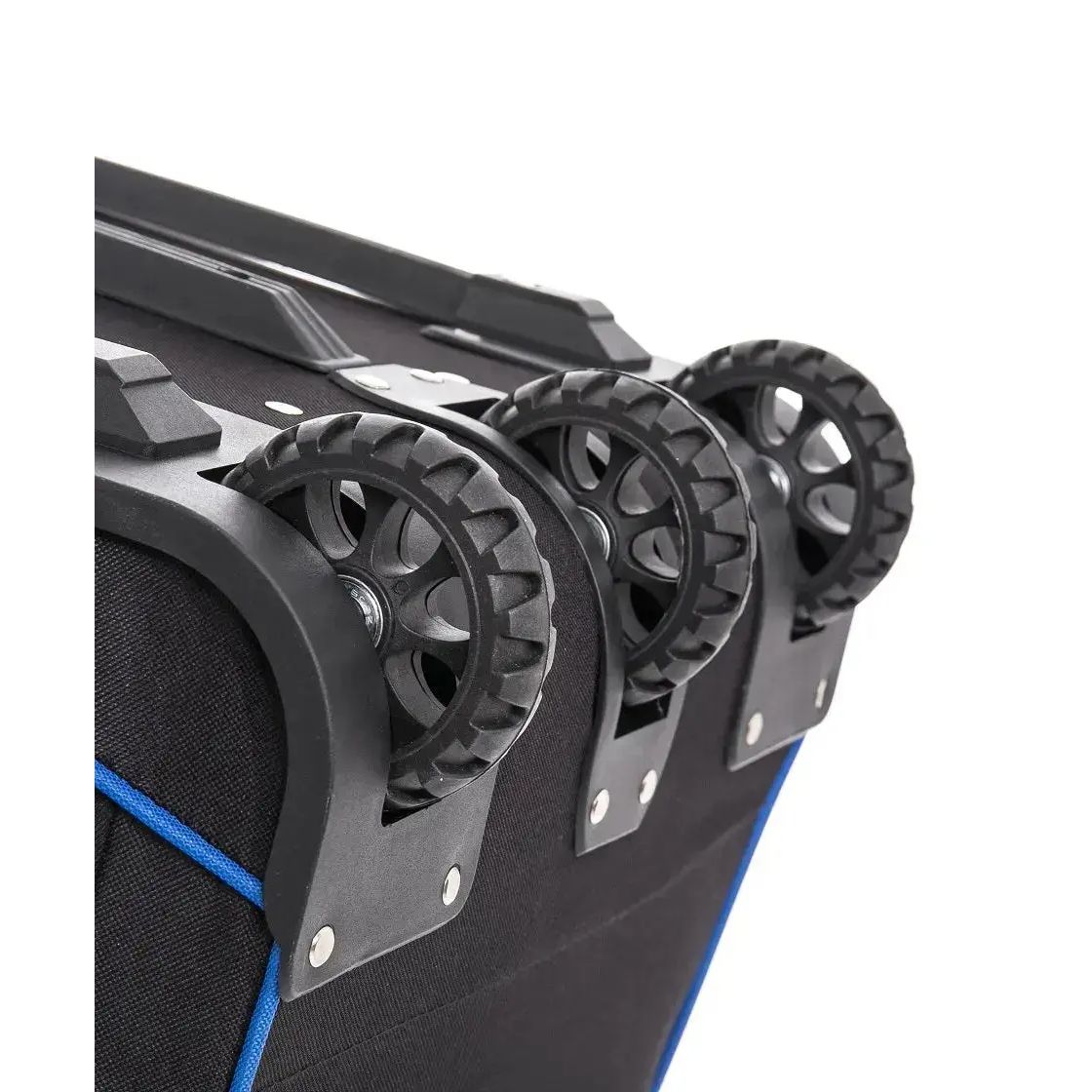 Close-up of a black suitcase with wheels on a white background