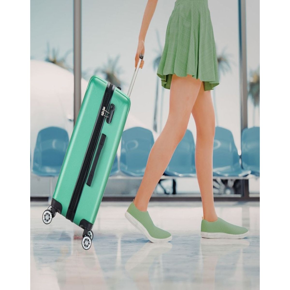 lady with ABS25 Green suitcase