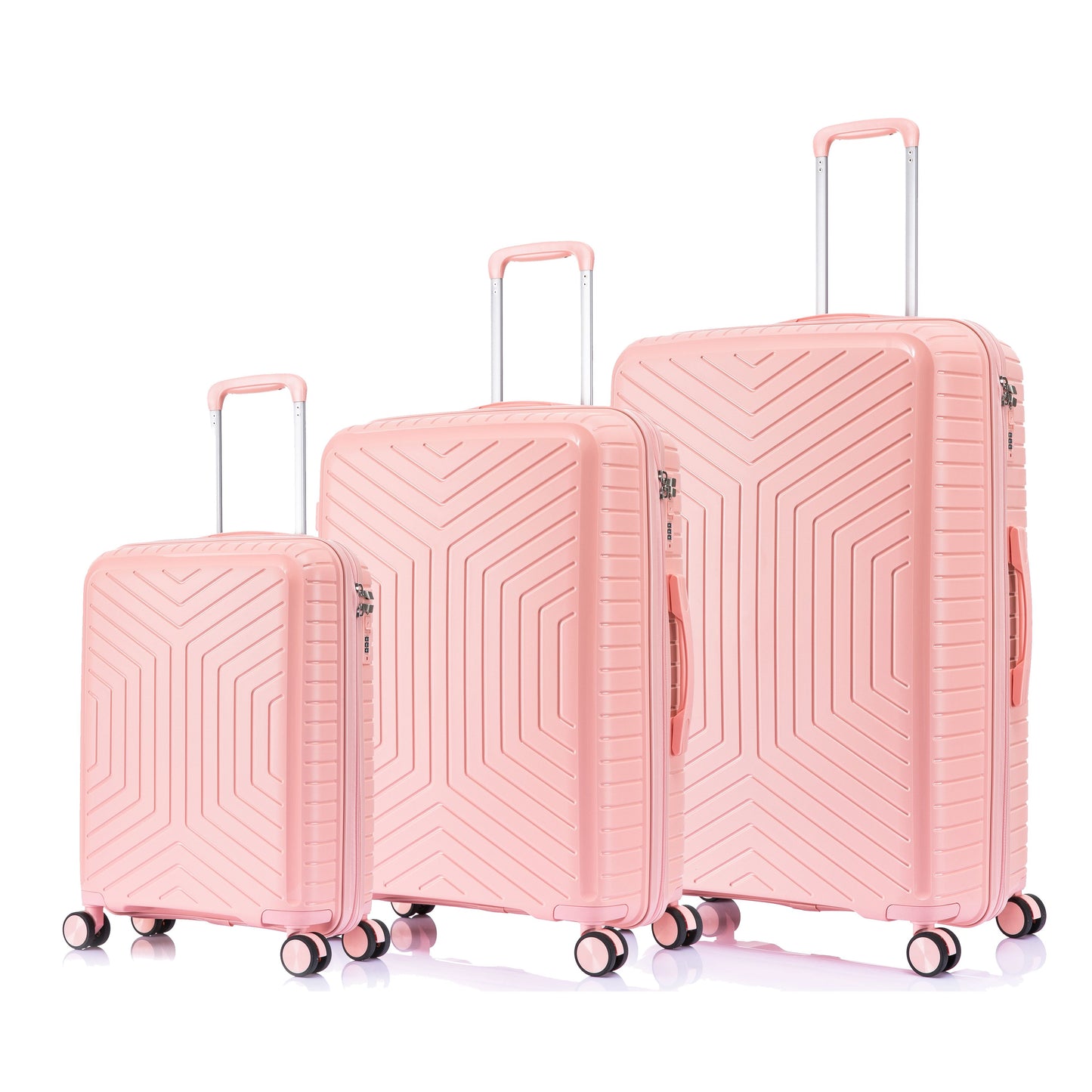 Suitcase Set – 3 Piece Lightweight Polypropylene Hard Shell Travel Luggage with 4 Wheels - PP20 - Light Pink