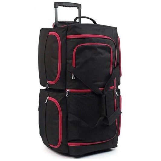 Black and red suitcase with wheels on a white background