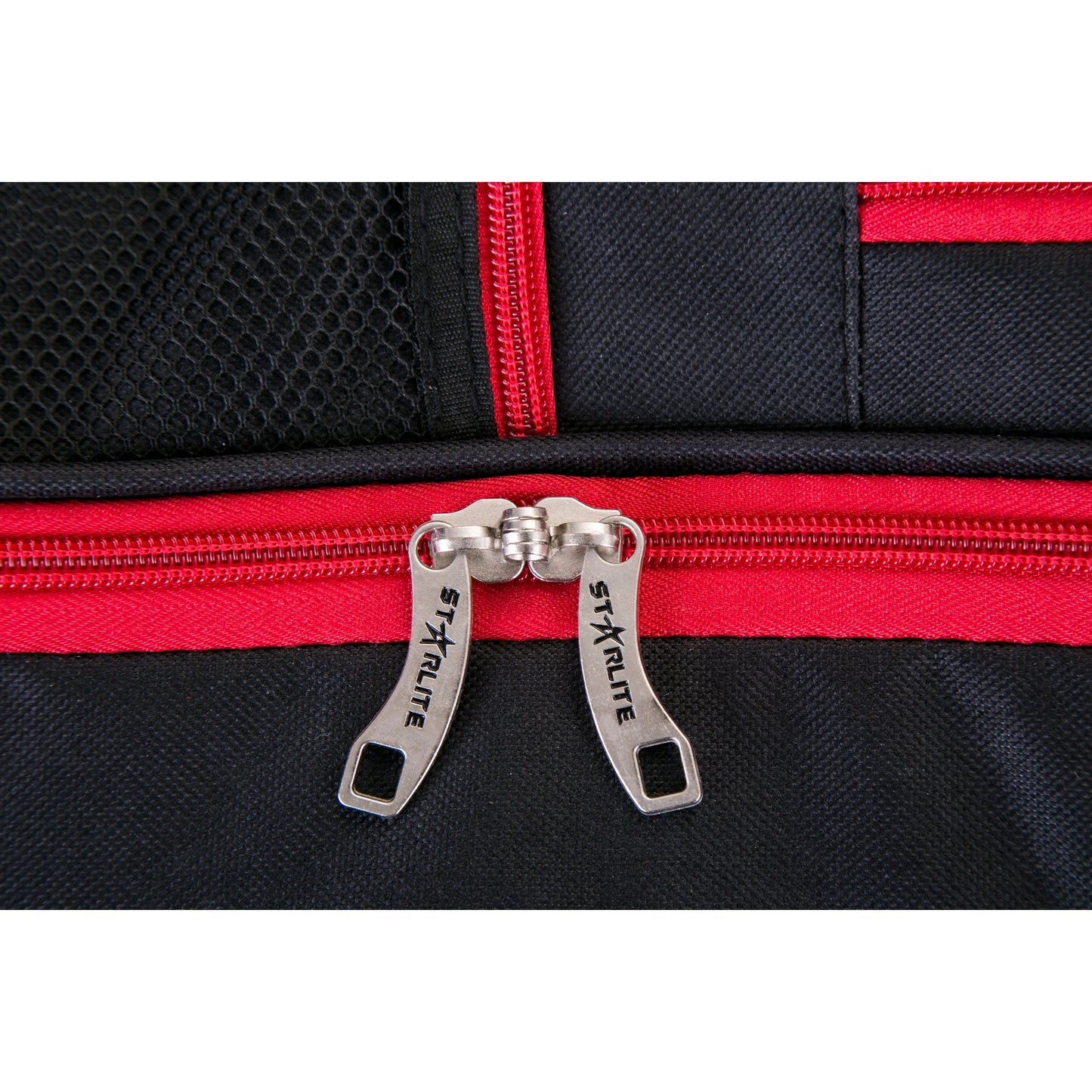 Close-up of a black and red bag with a zipper, featuring the Stalite brand.