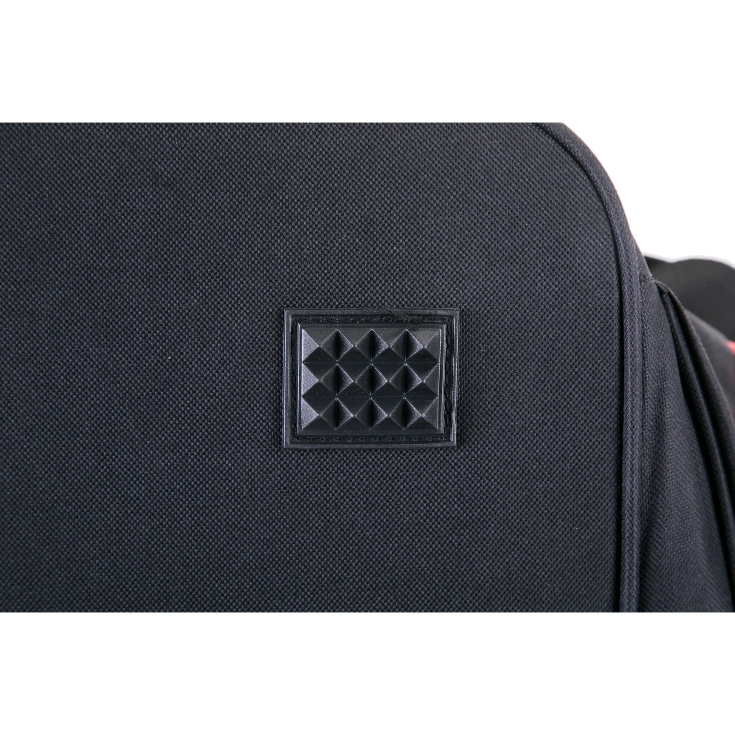 Black textured bag with a diamond pattern logo on a black background