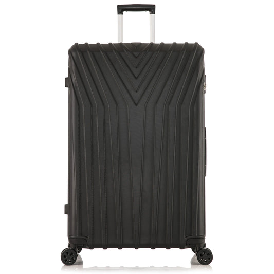 Black suitcase with a textured surface on a white background
