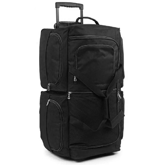 Black rolling suitcase on a white background