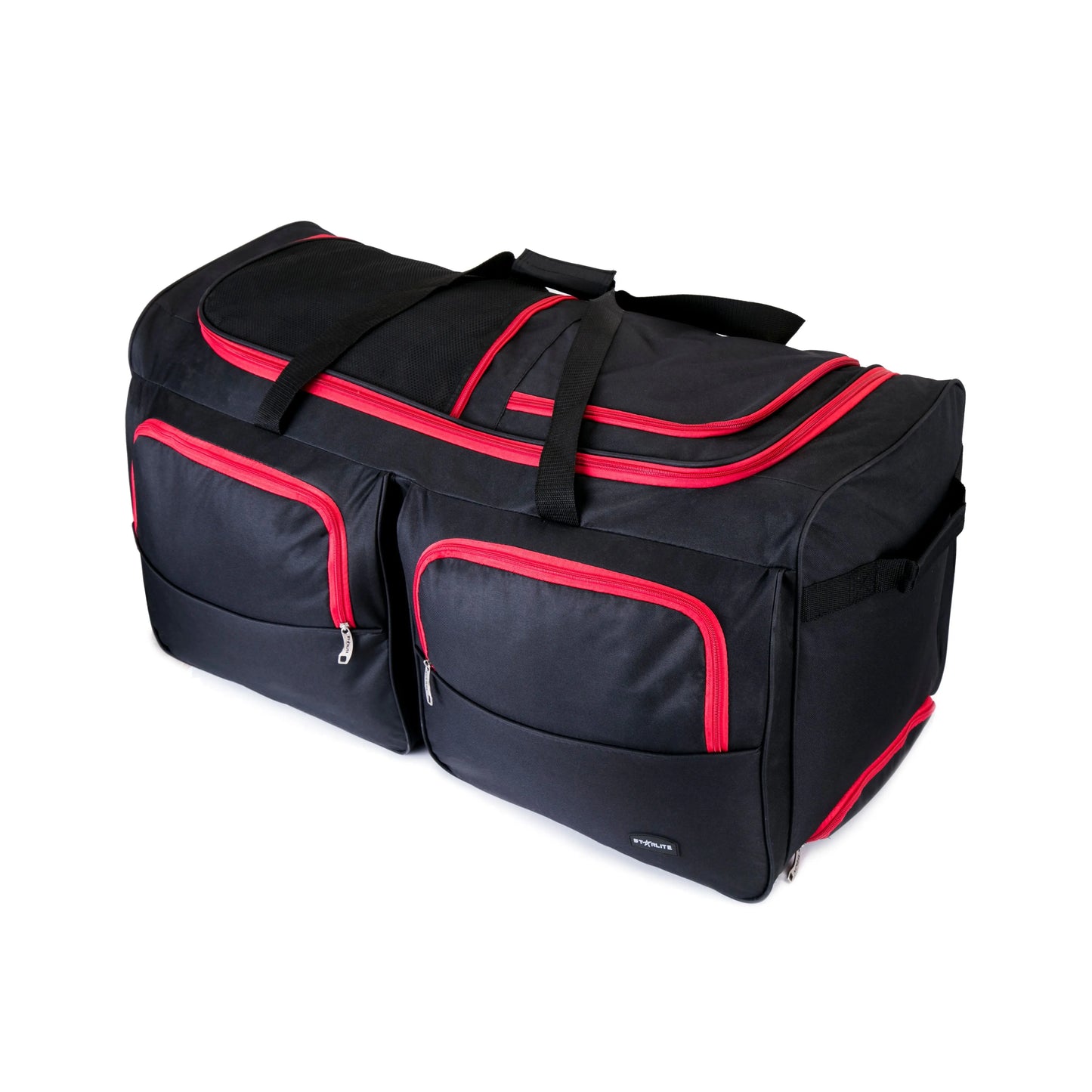Black duffel bag with red accents on a white background