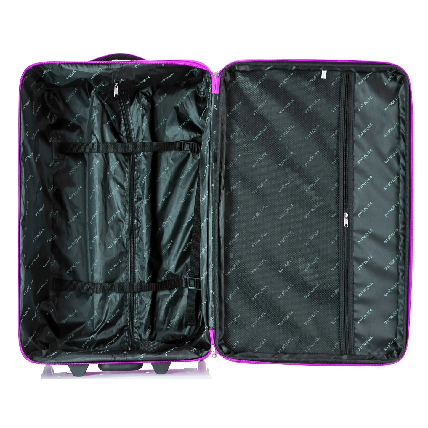 Large Suitcase open in DK 16 Orivo Purple on white background