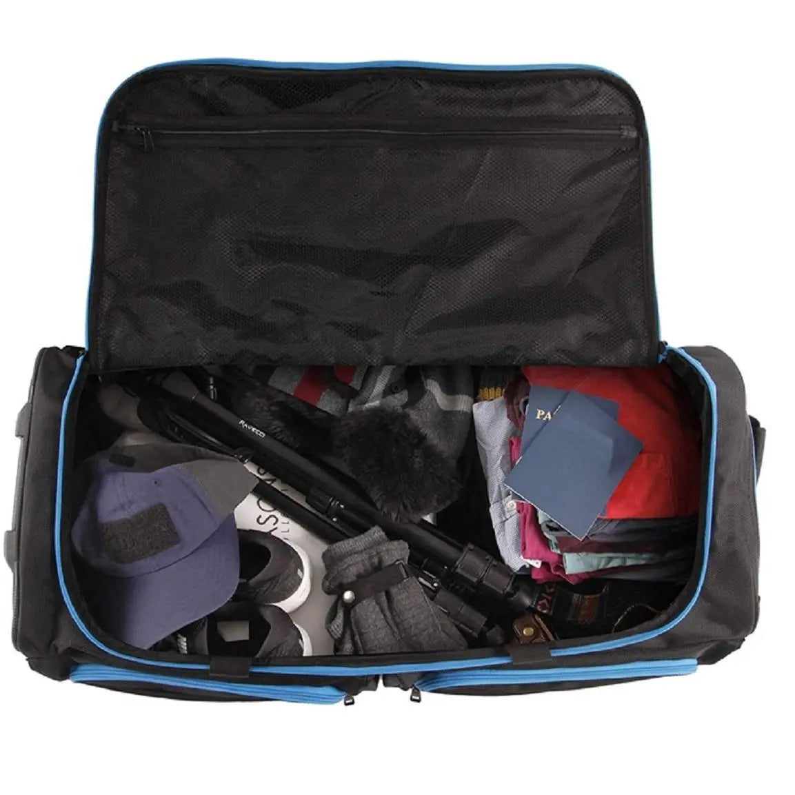 Open suitcase with various items including a helmet and clothes on a white background