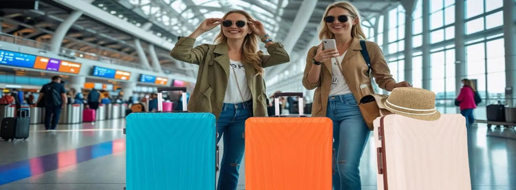 Two women traveling with three stylish suitcases – lightweight luggage for business trips and holidays.