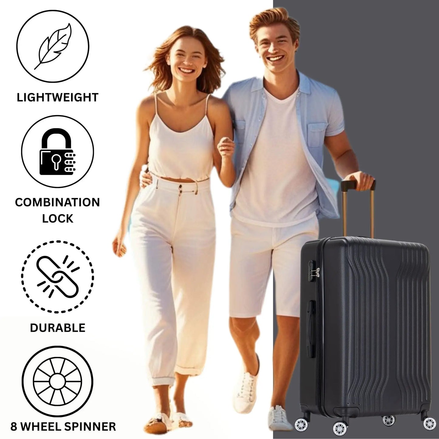 Man and woman walking with a black suitcase, featuring icons and text about suitcase features.