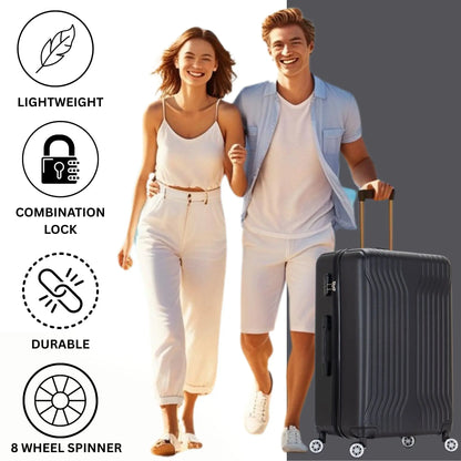 Man and woman walking with a black suitcase, featuring icons and text about suitcase features.