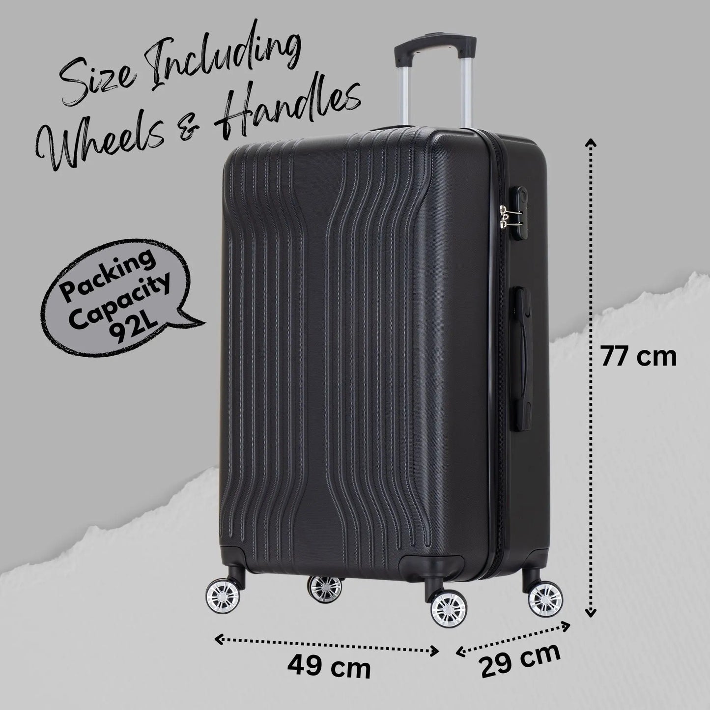 Black suitcase with dimensions and capacity details on a gray background