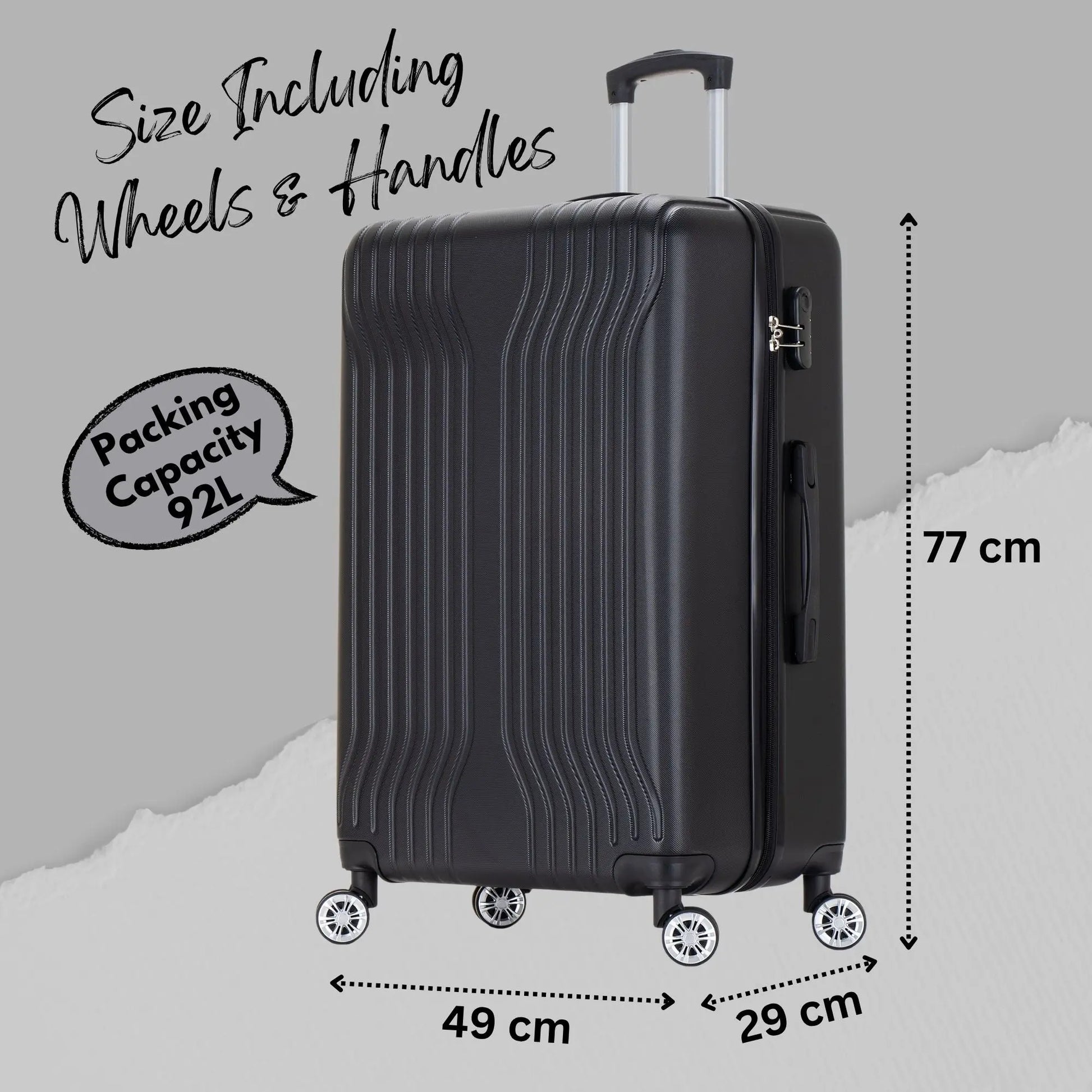 Black suitcase with dimensions and capacity details on a gray background