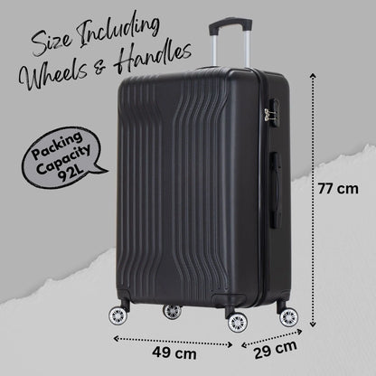Black suitcase with dimensions and capacity details on a gray background